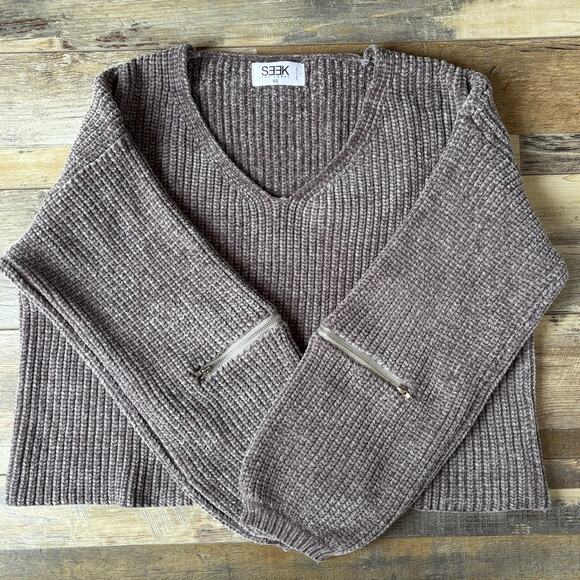 SEEK The Label Womens Long Sleeve Zipper at Elbow Crop Sweater Sz XS Taupe Gray - Picture 4 of 7